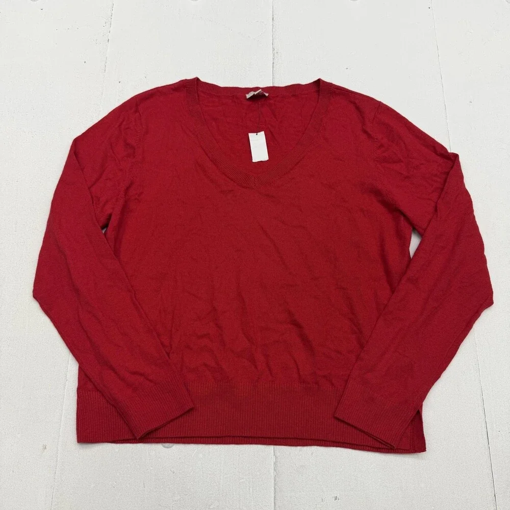 Talbots Sweater Womens Petite PL Red V Neck Long Sleeve Tight Knit Pullover